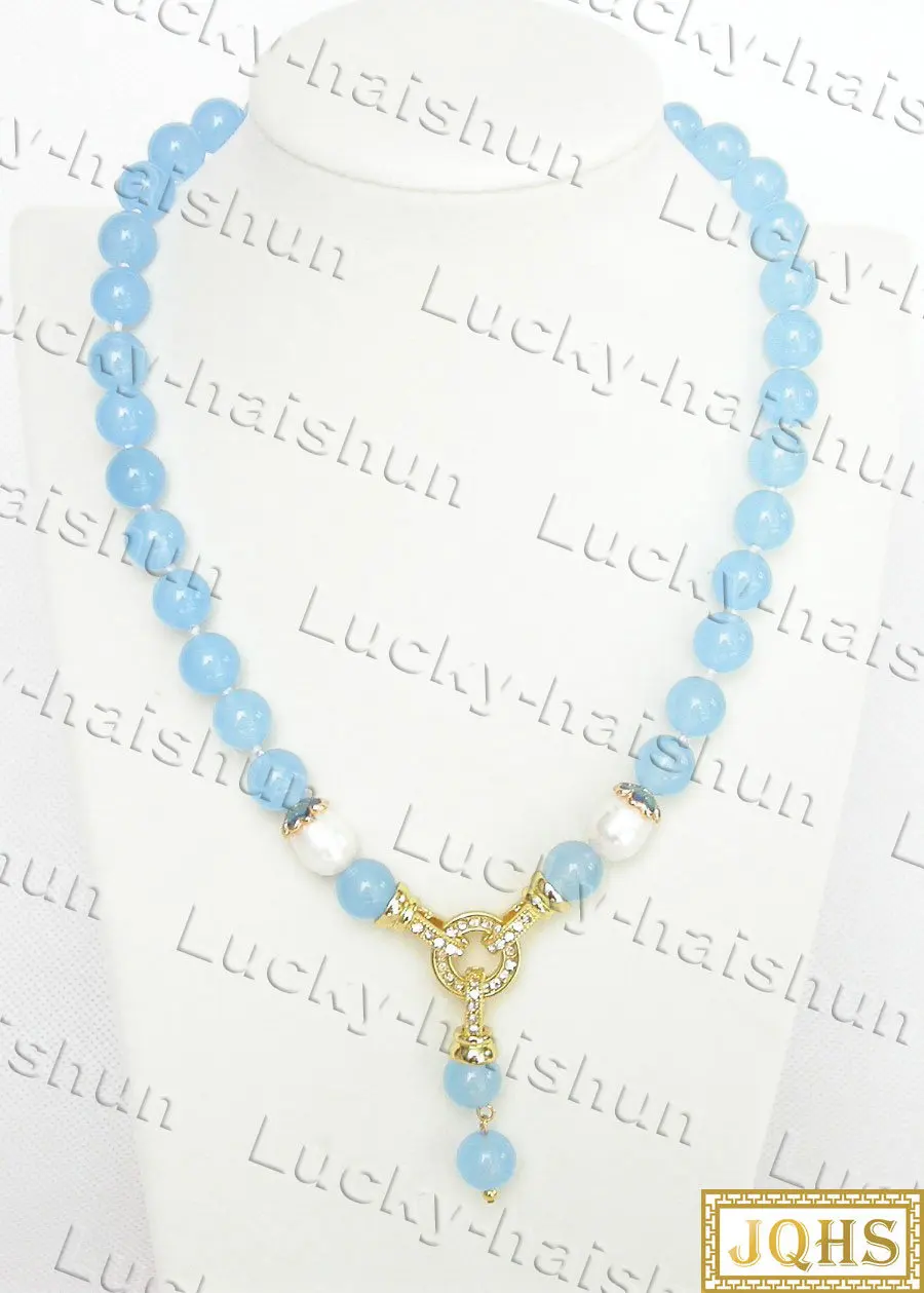 

Natural 44cm 10mm Round Light Blue Jade White Pearls Beads Pendant Necklace C627 Mother's Day GIFT Chains Choker