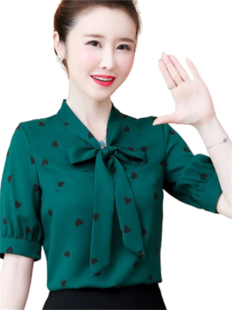 

4XL Women Spring Summer Blouses Shirts Lady Fashion Casual Short Sleeve Bow Tie Collar Polka Dots Blusas Tops WY0318