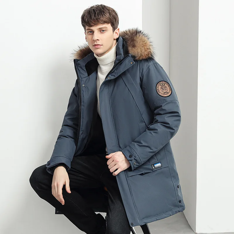 LUCLESAM Men's Fur Collar Down Jackets Hooded Medium Length Coat Large Pocket Winter New Casual Loose Thicked Male Cotton Jacket