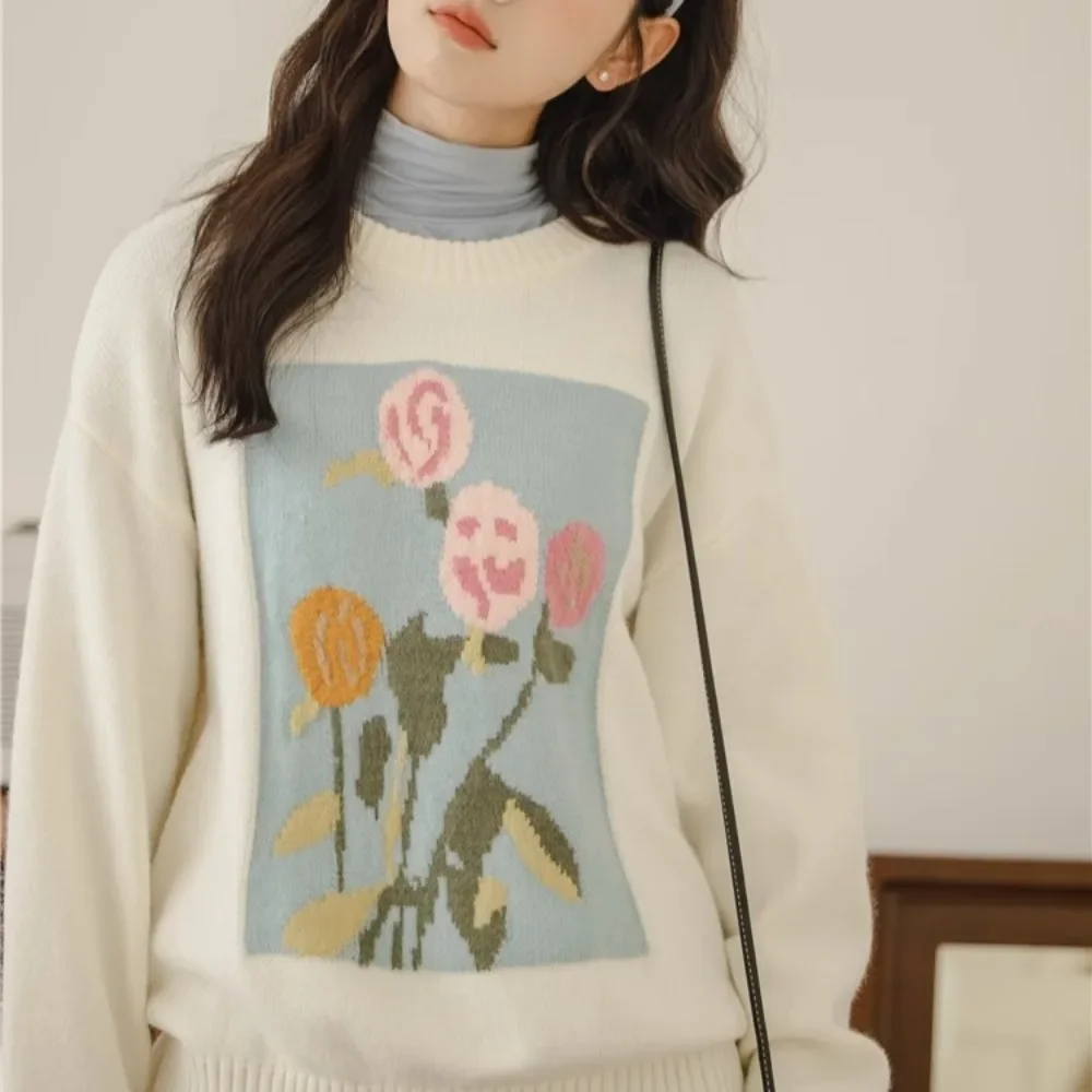 Женские пуловеры вязаные с цветочным принтом милые нежные свободные