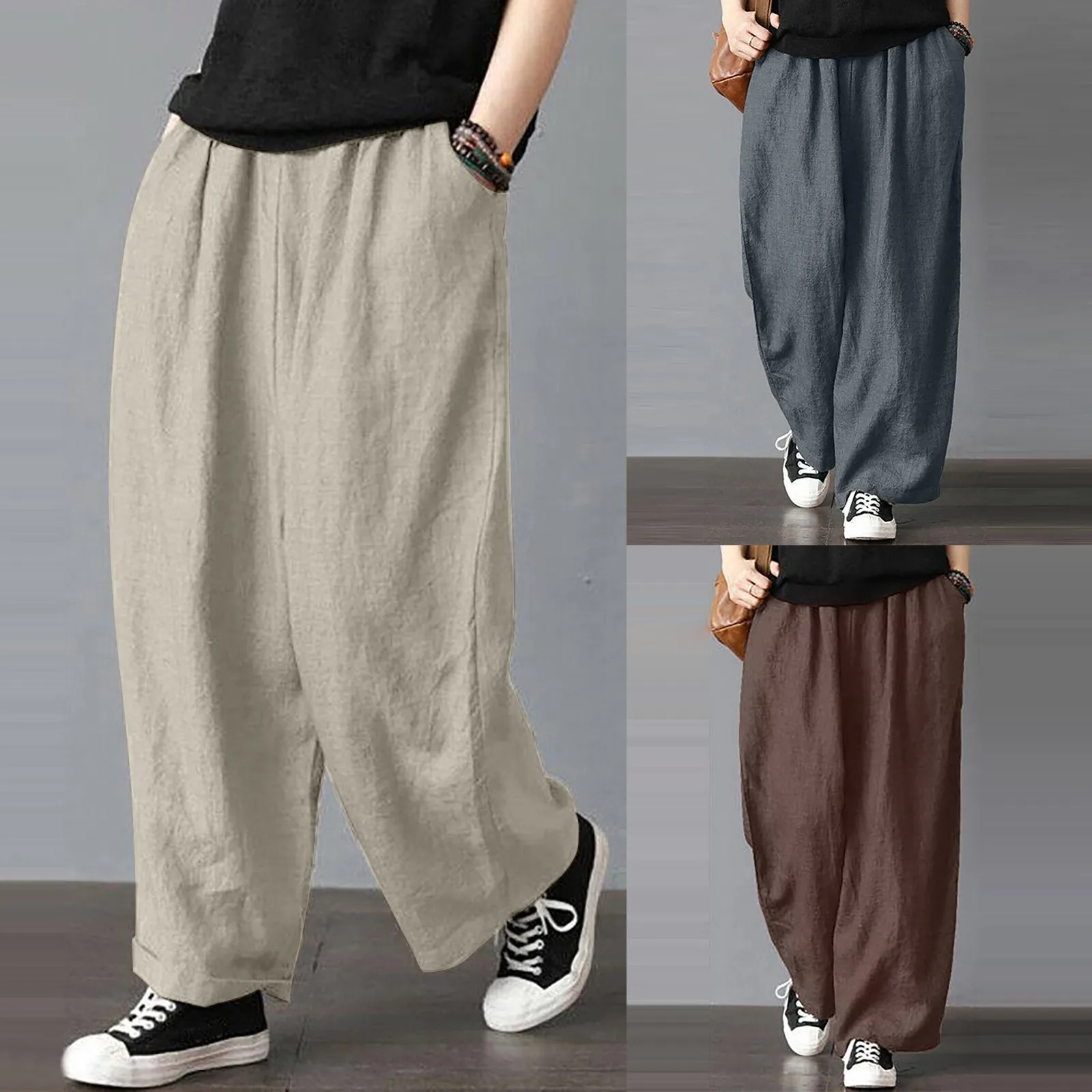 

Pants Women Loose Linen Elastic Waist Wide Leg Straight Trousers Summer Women's Casual Harem Pants Pantalones Largos