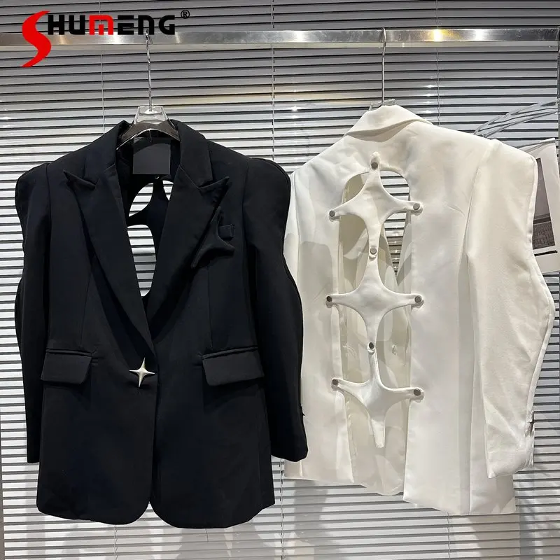 2023 Spring New Dignified Sense Back Hollow-out Wave Sleeve White Suit Jacket for Women's OL Loose Casual Black Suit Blazer Coat