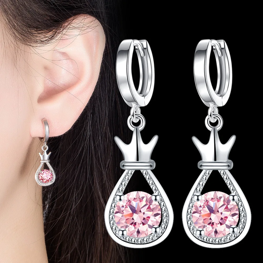 

wholesale 925 Silver 2021 Women's Earrings Fashion Jewelry High Quality crown Water Drop white blue pink Crystal Zircon Earrings