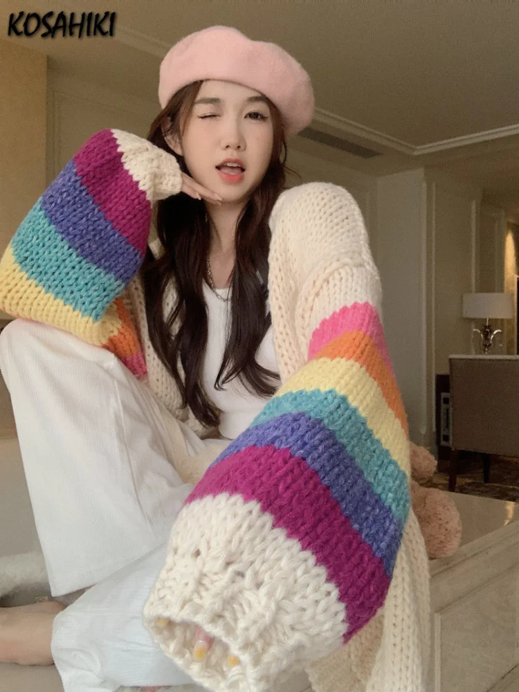 

Vintage Rainbow Striped Sweaters Female Casual Sweet Y2k Cardigan Korean Fashion Knitted Top 2023 Autumn Kardigany