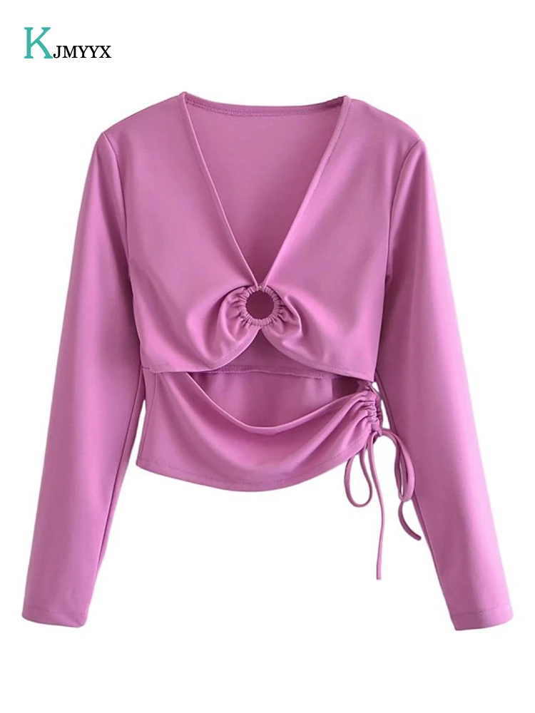 

Женская короткая футболка на шнурке, облегающая светло-фиолетовая футболка с V-образным вырезом в стиле ретро, лето 2022