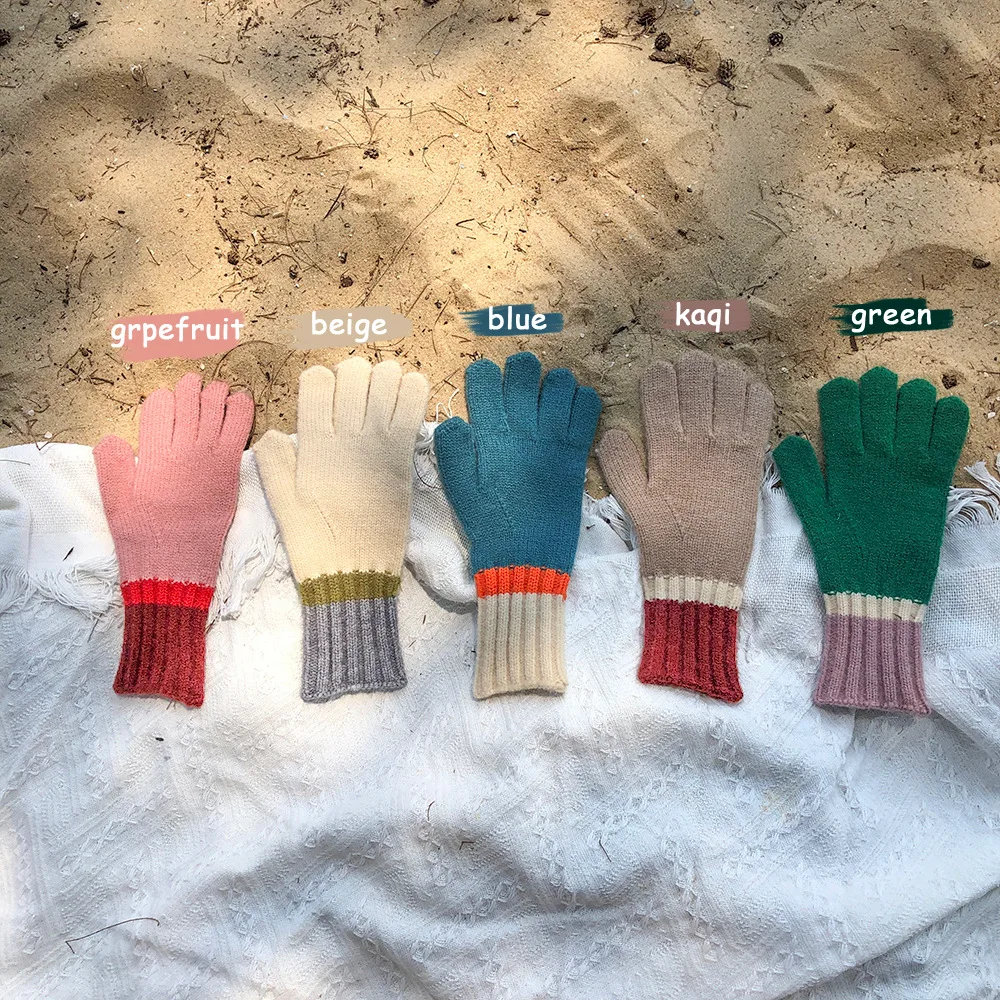 

Simple color blocking knitted fingerless touch screen wool gloves warm gloves