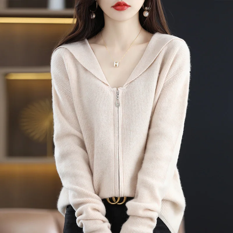 Spring And Autumn New Pure Wool Women's Lapel Sweater Temperament Cardigan Knitted Loose All-Match Solid Color Long Sleeves
