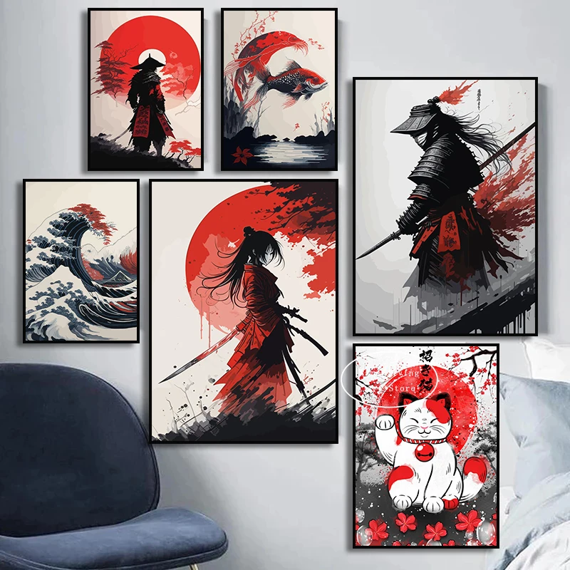 Винтажный Японский плакат самурая гейши Тигр дракон японский пейзаж холст