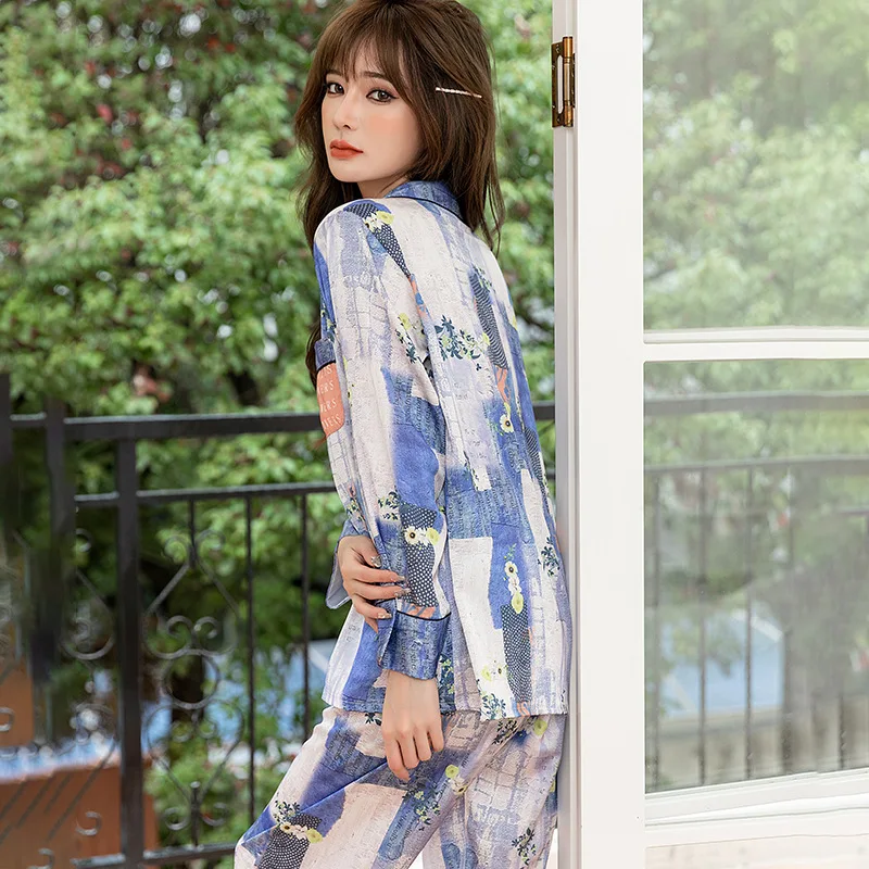 QWEEK Silk Women's Pajamas Oil Painting Print Sleepwear Female Set Woman 2 Pieces Pijama Patchwork Pyjamas Letter Loungwear Pjs