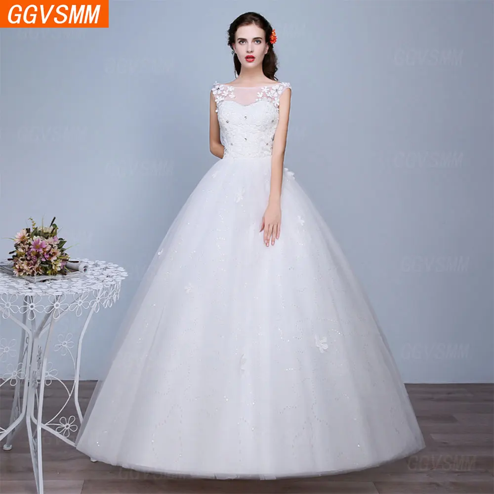 

Простой Романтический стиль Новый Белый Свадебное кружево Аппликация круглый вырез без рукавов сексуальное Пышное Платье с открытой спино...