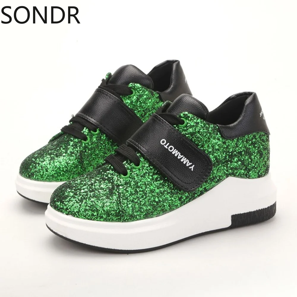 

Женские кроссовки с блестками, обувь на платформе со шнуровкой, средний каблук, корейский стиль, новинка 2022