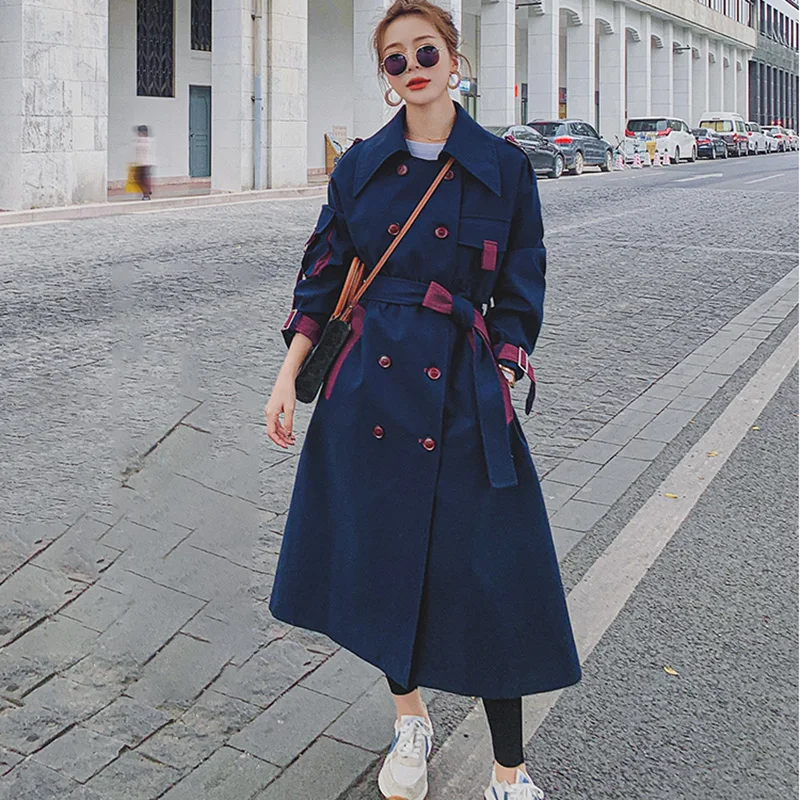 Женская Длинная ветровка повседневная куртка темно-синего цвета с прострочкой