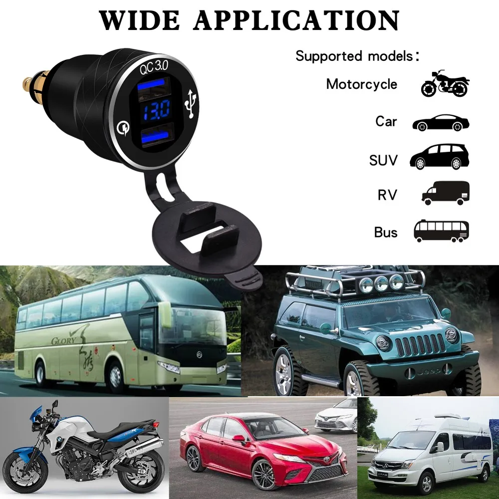 

Car Motorcycle On-board Digital Display Charger With qc3.0 Dual USB Port Output Fast Charging European Standard