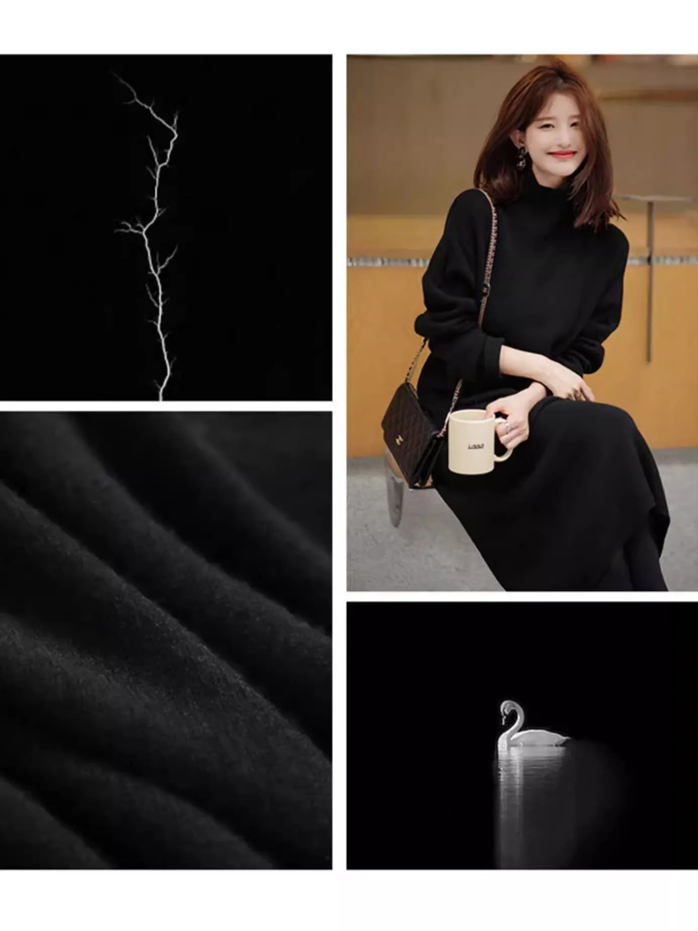 Ozhouzhan Gentle Sle черное трикотажное нижнее платье женское осенне-зимнее пальто