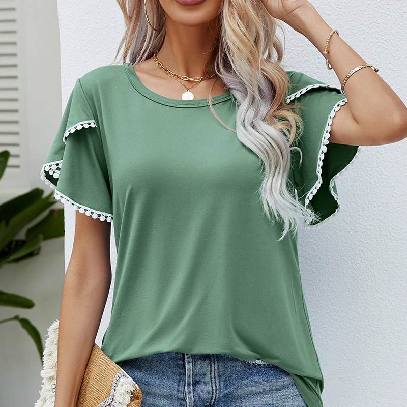 

Elegant Pressed Pleats Short Sleeve T-Shirt Female Summer Casual Solid Color Lace Splicing O Neck Tees Women's Commuter Tops