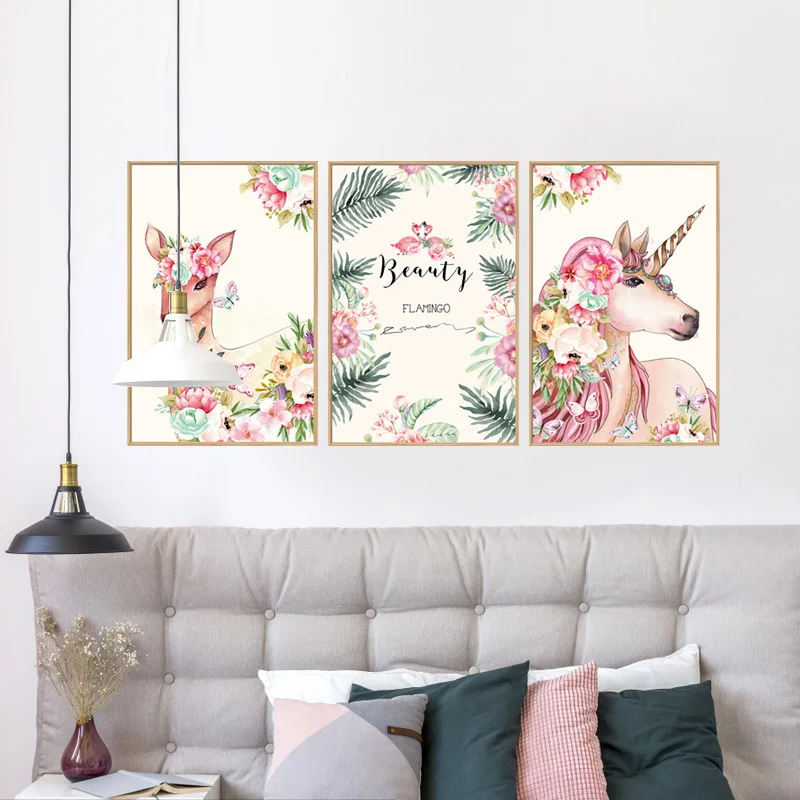 Наклейка на стену в скандинавском стиле для гостиной, дивана, самоклеящаяся настенная наклейка, триптих с оленем, Настенная Наклейка для сп...