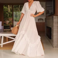 2022 Cotton Bohemian Long White Dress for Women Spring Summer Holiday Style Ladylike V-neck Short Sleeve Hollow Maxi Dress
