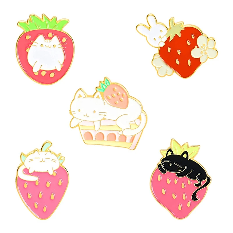 

5 Pcs Enamel Pins Set Sweet Strawberry Cartoon Fruit Rabbit Cat Lapel Pins Brooches For Backpack And Jackets