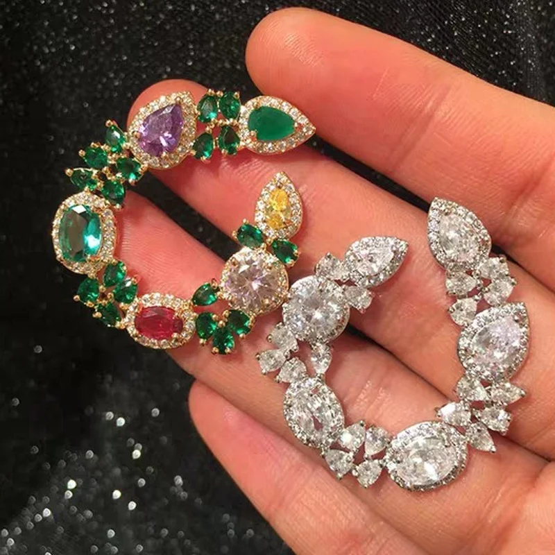 

S925 Серебряные игольчатые европейские и американские модные индивидуальные супер сверкающие циркониевые серьги Модные круглые изумрудные ...