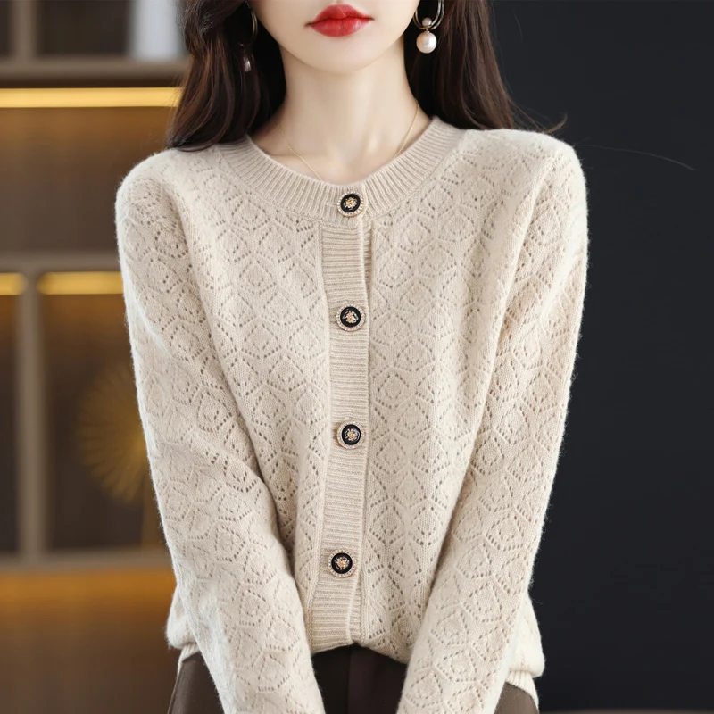 

100% cashmere wool cardigan women's sweater 2022 new style knitted hollow O-neck long-sleeved women's cashmere sweater fashion