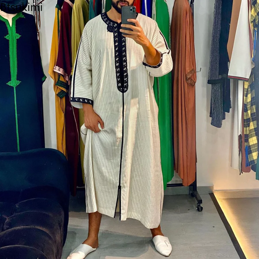 New 2023 Fashion Muslim Men Jubba Thobes Arabic Pakistan Dubai Kaftan Abaya Robes Islamic Clothing Saudi Long Sleeve Loose Dress