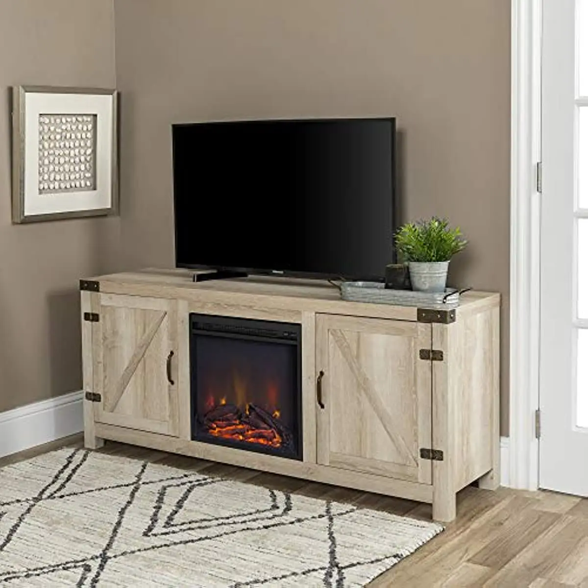 

Walker Edison Georgetown Modern Farmhouse Double Barn Door Fireplace TV Stand for TVs up to 65 Inches, 58 Inch, White Oak