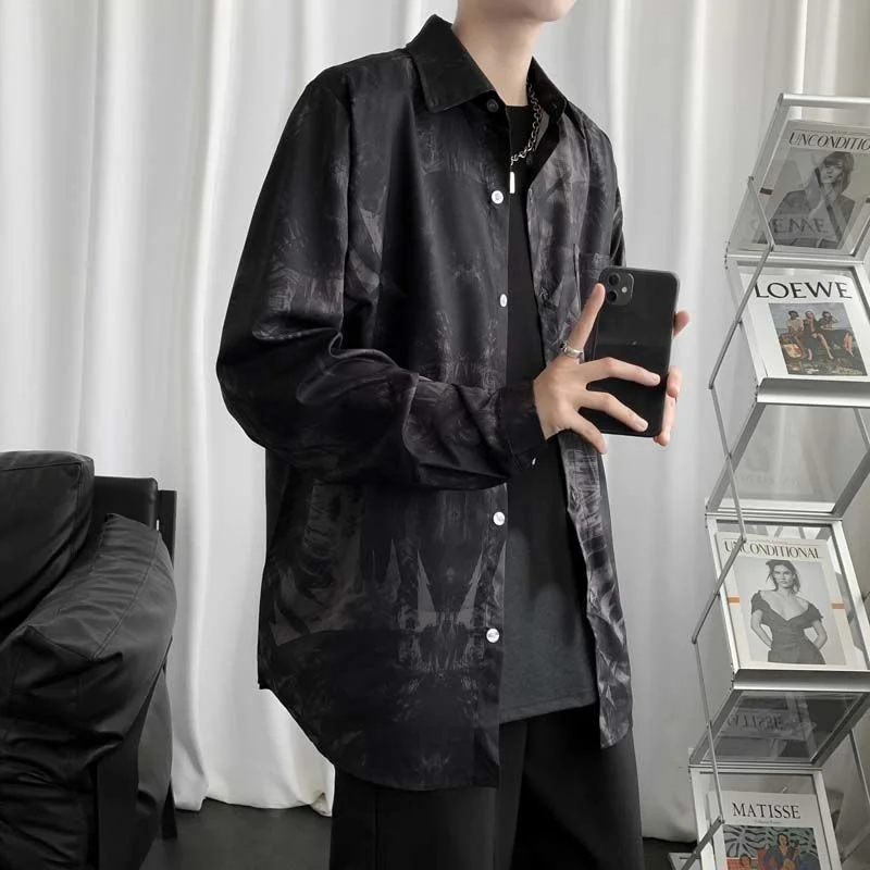Spring Long Sleeve Shirts Men Fashion Retro Print Casual Shirts Mens Japanese Streetwear Loose Black Dress Shirts Men M-2XL