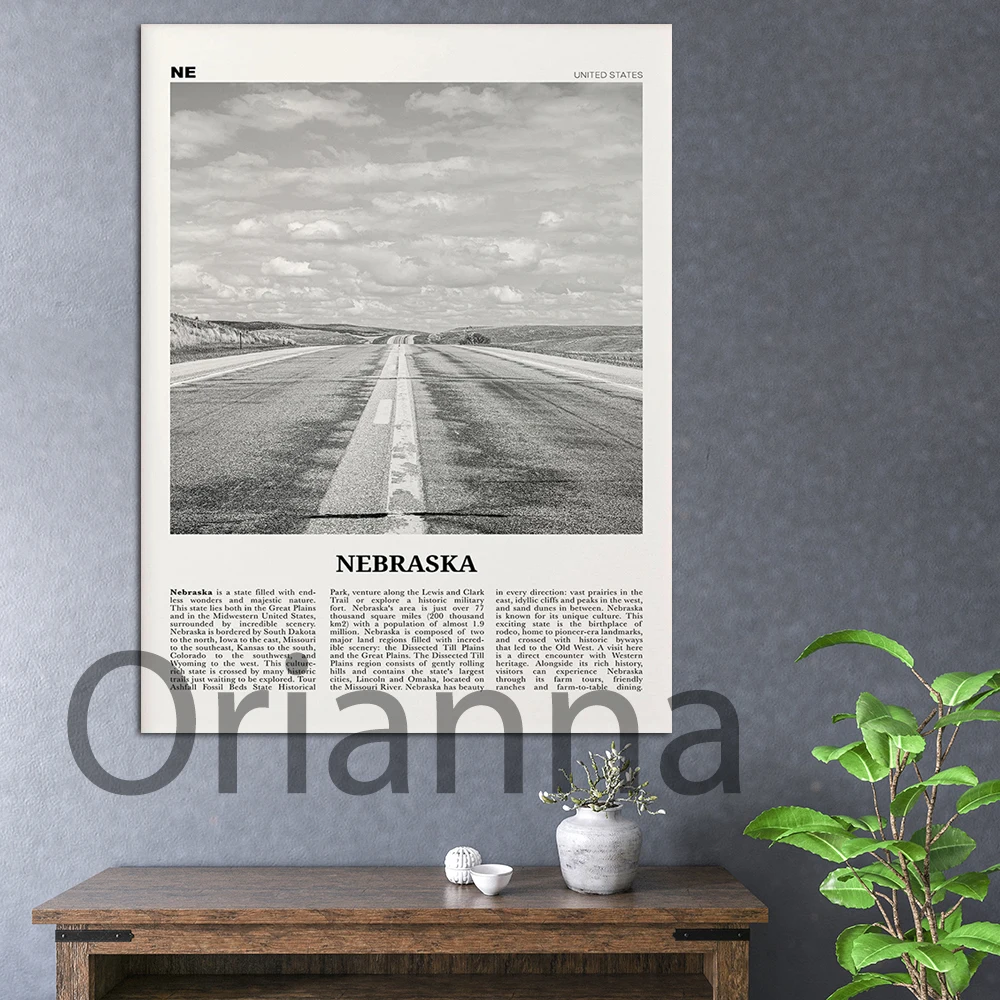 

Nebraska Modern Prints Black and White,Nebraska Wall Art Poster, Nebraska Photo,Wall Decor Canvas Painting,North America Cuadros