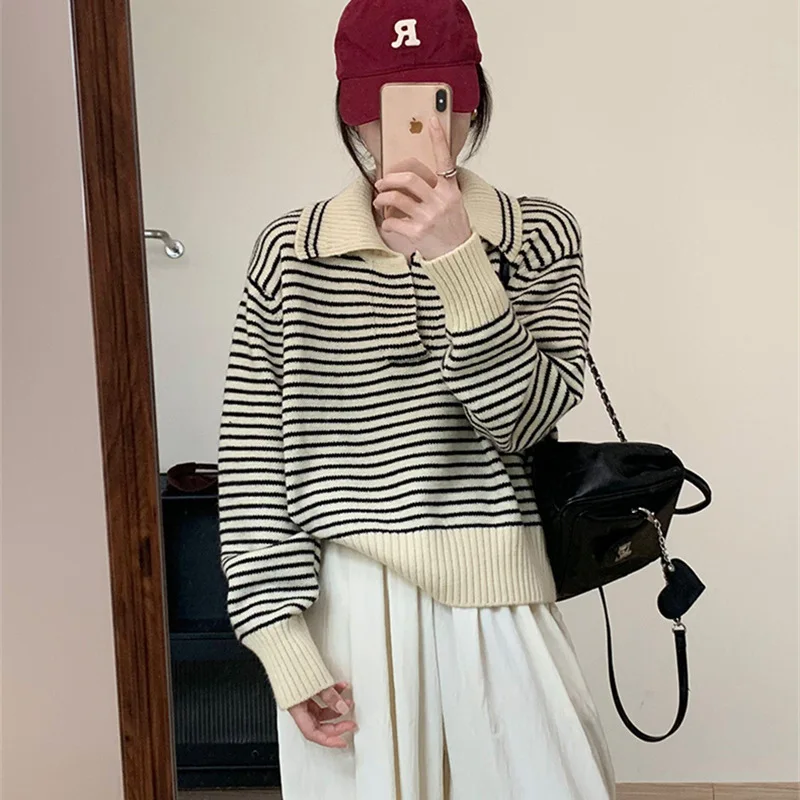 

Свитер-поло в контрастную полоску Женский, короткий свободный Джокер, Корейская версия, Осень-зима