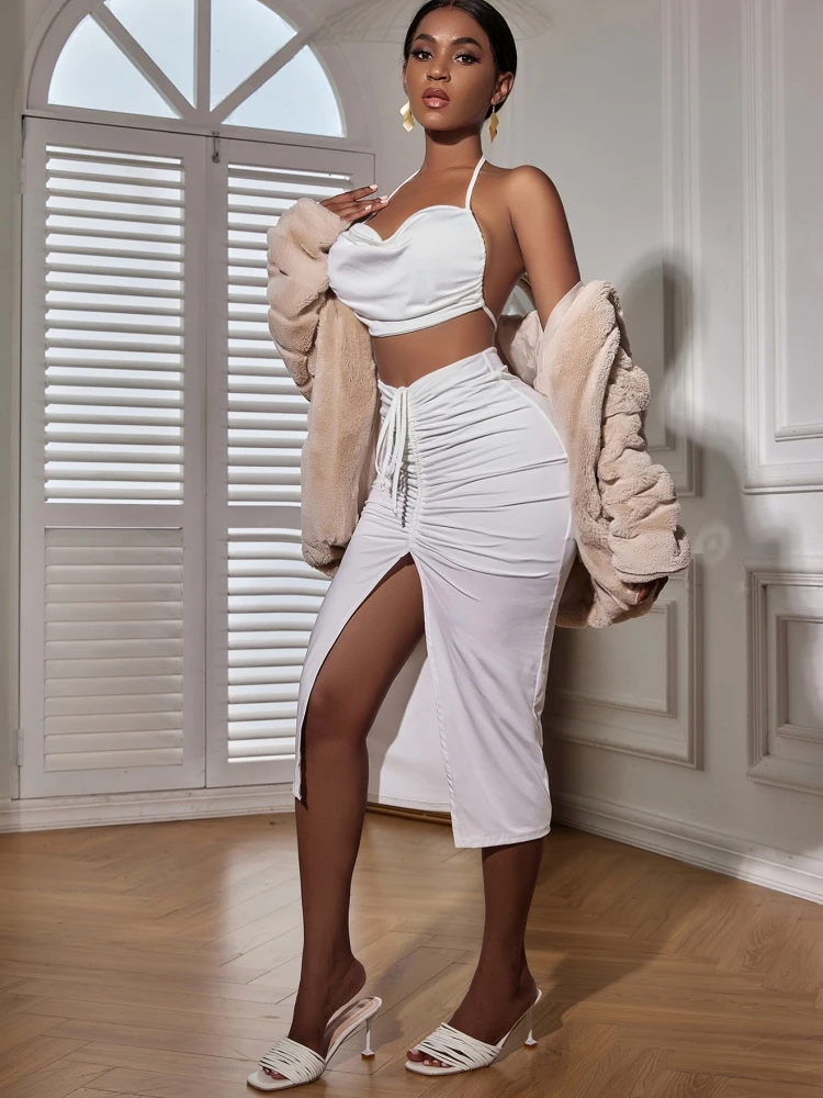 Sexy Open Navel Pleated Two-Piece Sling Skirt New Women'S Split Hip Skirt