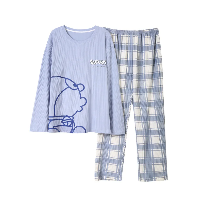 

Spring New Casual Men Pajamas Long Sleeve Round Neck Suit Version Pure Color Simple Loose Youth Cotton Home Clothes 2022