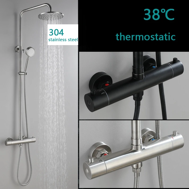 Bathroom Thermostatic Shower Set Wall-Mounted Black Constant Temperature Control Bath Faucet System Brass |