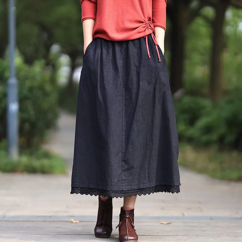 

Spring Autumn New Arts Style Women High Waist A-line Long Skirt All-matched Casual Patchwork Lace Cotton Linen Skirts M228