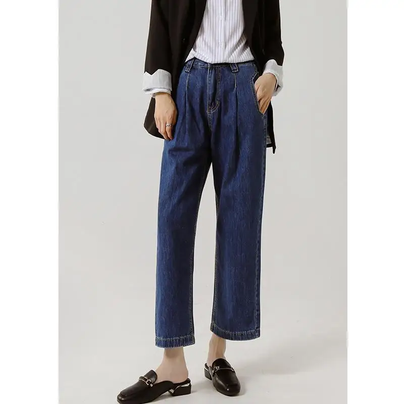 

ZHISILAO New Wide Leg Straight Jeans Women Vintage Blue Mid Waist Ankle-length Denim Pants Summer 2022