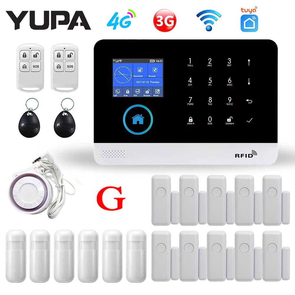 YUPA PG-103 4G 3G GSM Alarm System Tuya Smart Life APP Control for Home Security Alarm w/ PIR Sensor Door Sensor Smart Home Kit