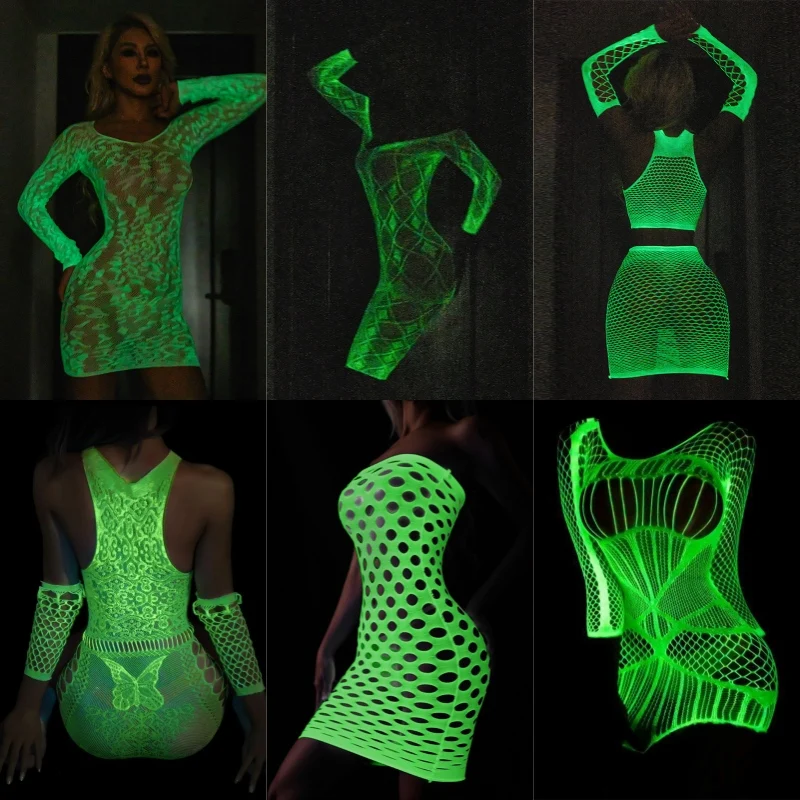 

Plus Size Fishnet Babydoll Dress Fancy Luminous Bodycon Party Dress Halloween Cosplay Costumes Hot Pole Dance Nightwear Clubwear