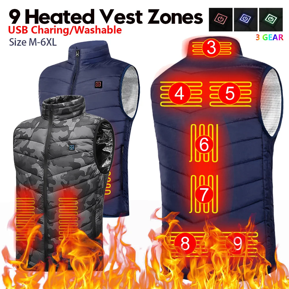 

9 Area Heated Vest Heated Jacket Winter Vest Warmer Unisex Heating Vest Washable Thermal Clothing for Outdoor with Size S-6XL