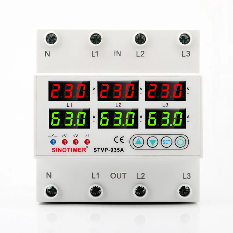 STVP-935A 3 фазы 40A/63a/80A/100A Din-рейка Регулируемая Защита от перенапряжения и