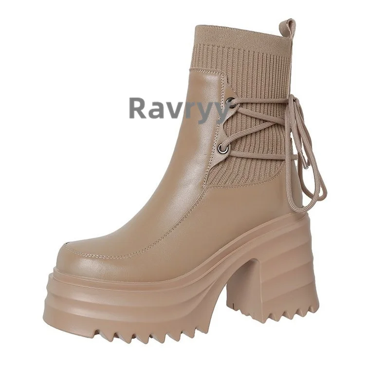 Autumn Winter Muffin Thick Bottomed British Style Knitting Boots Women's Thick Heels Elastic Band High Heels Short Boots