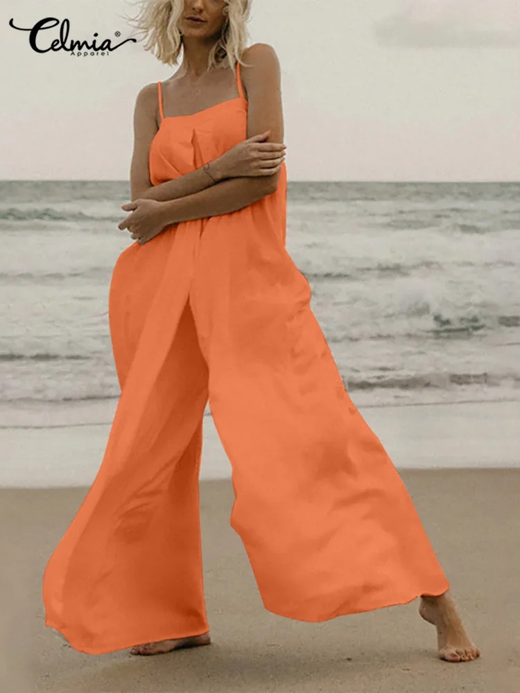 

Celmia Sexy Backless Beach Overalls Wide Leg Pants Holiday Women Summer Long Rompers Casual Sleeveless Strappy Fashion Jumpsuits