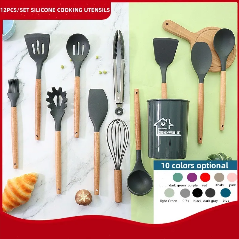 

Набор силиконовых деревянных венчиков, набор кухонной утвари, ковш, 12 шт./набор, инструменты для приготовления, антипригарные кухонные лопатки, набор кухонных ложек