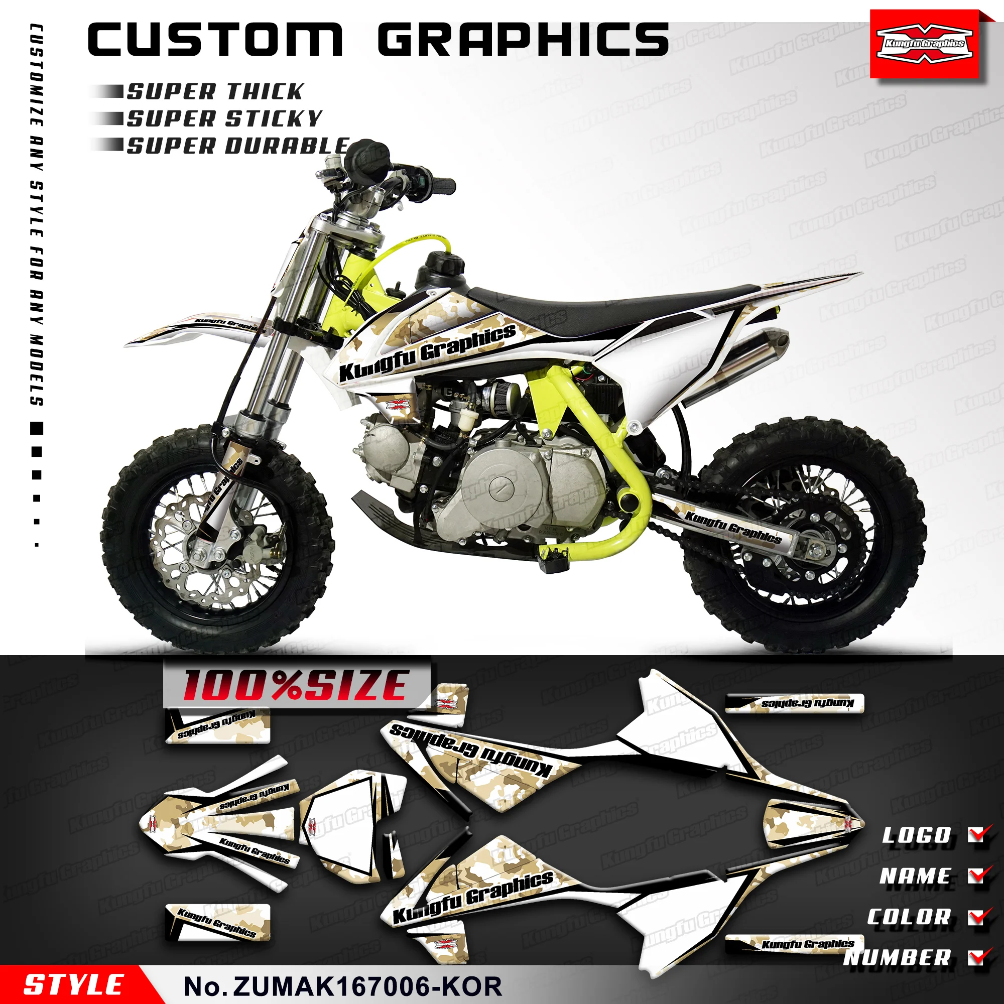 KUNGFU GRAPHICS Kids Mini Dirt Bike Graphics Kit Лист наклеек для ZUUMAV K1 50 60 70 комплект восстановления
