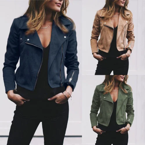 

Women's Ladies Flannel New Jacket Coats Zip Up Biker Flight Casual Tops Clothes Fashion Long Sleeve Jacket with Zipper Pocket