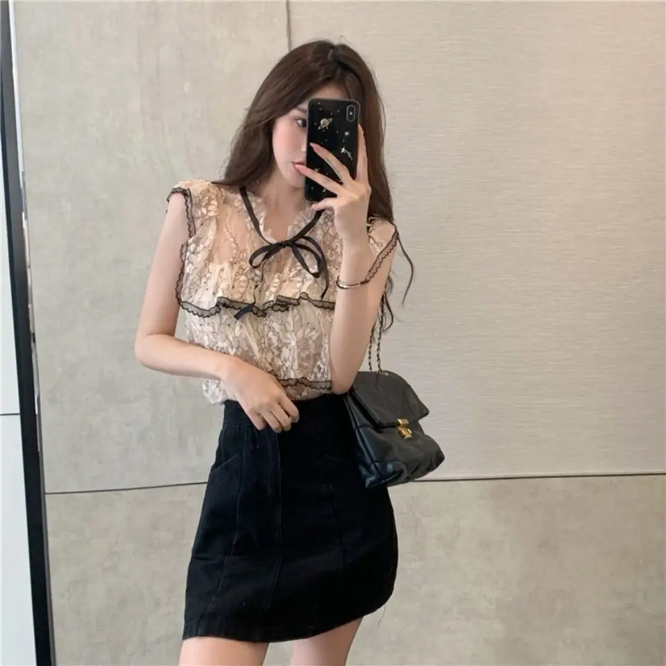 

Блузка женская кружевная без рукавов, милый Повседневный укороченный Универсальный элегантный удобный топ в Корейском стиле, с круглым вырезом, на лето
