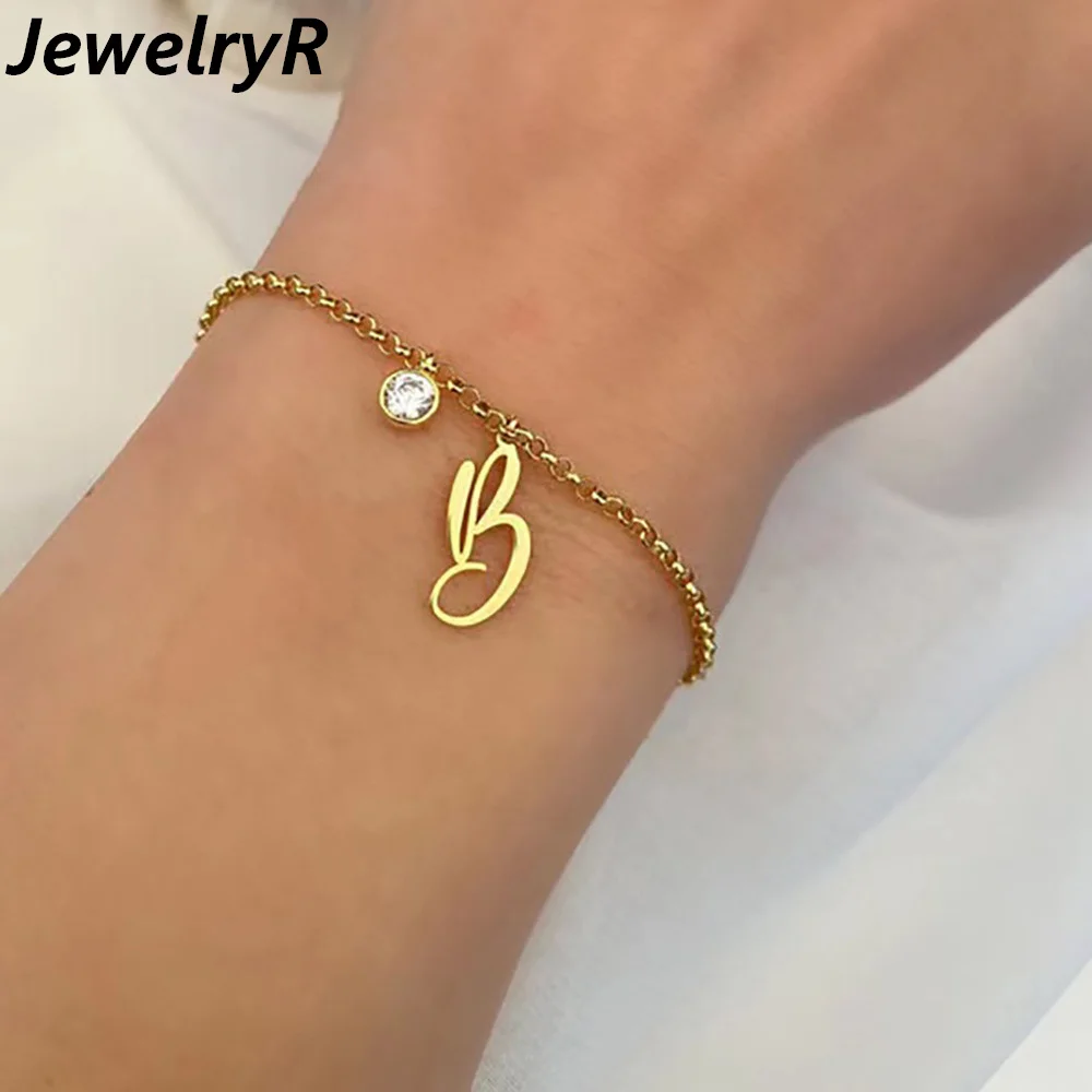 

JewelryR Personality Custom Initial Latter Bracelet Birth Stone Pendant Stainless Steel Charm Jewelry For Woman Bbirthday Gift