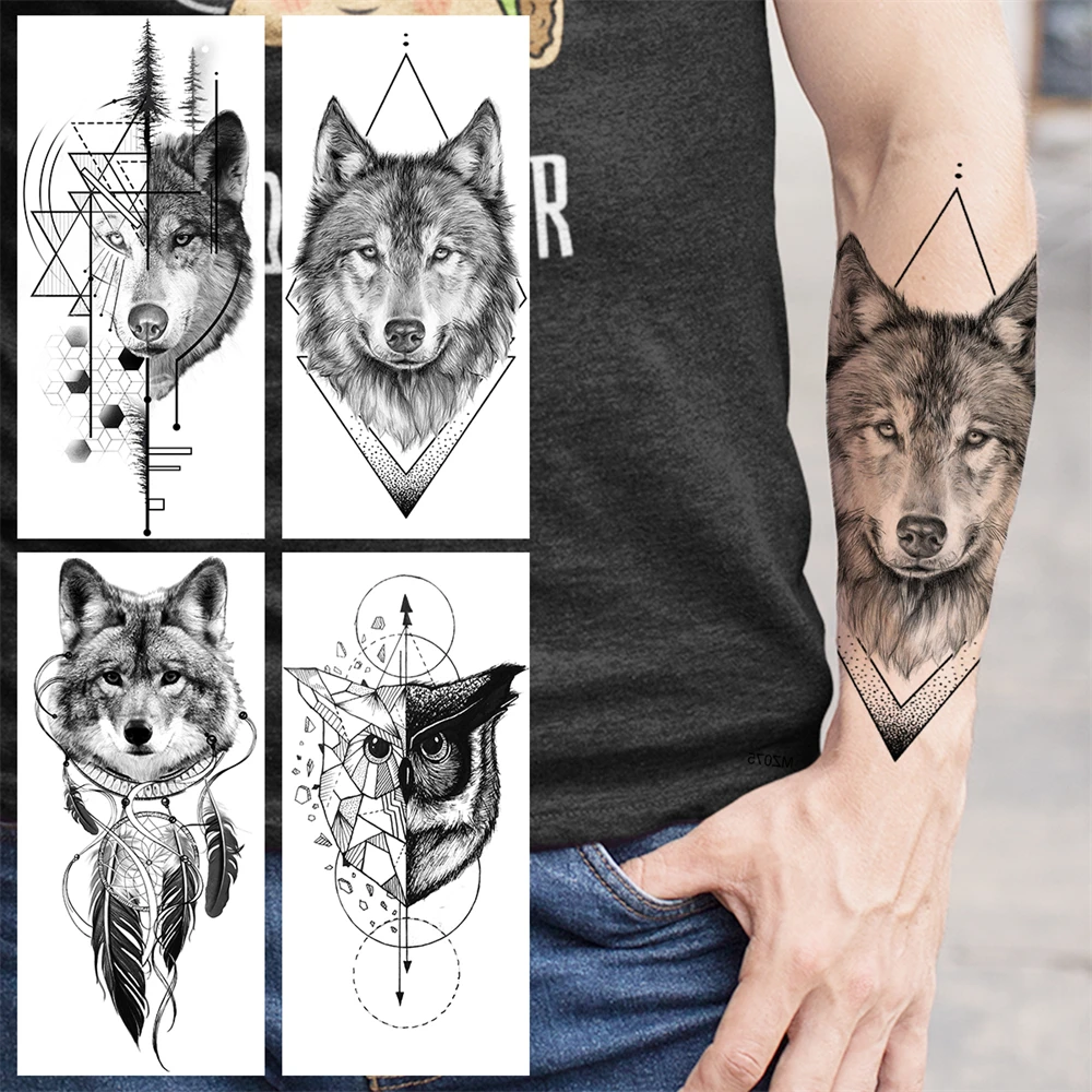 

Black Geometry Wolf Temporary Tattoos For Women Adult Men Owl Feather Fake Tattoo Realistic Body Art Painting Half Sleeve Tatoos