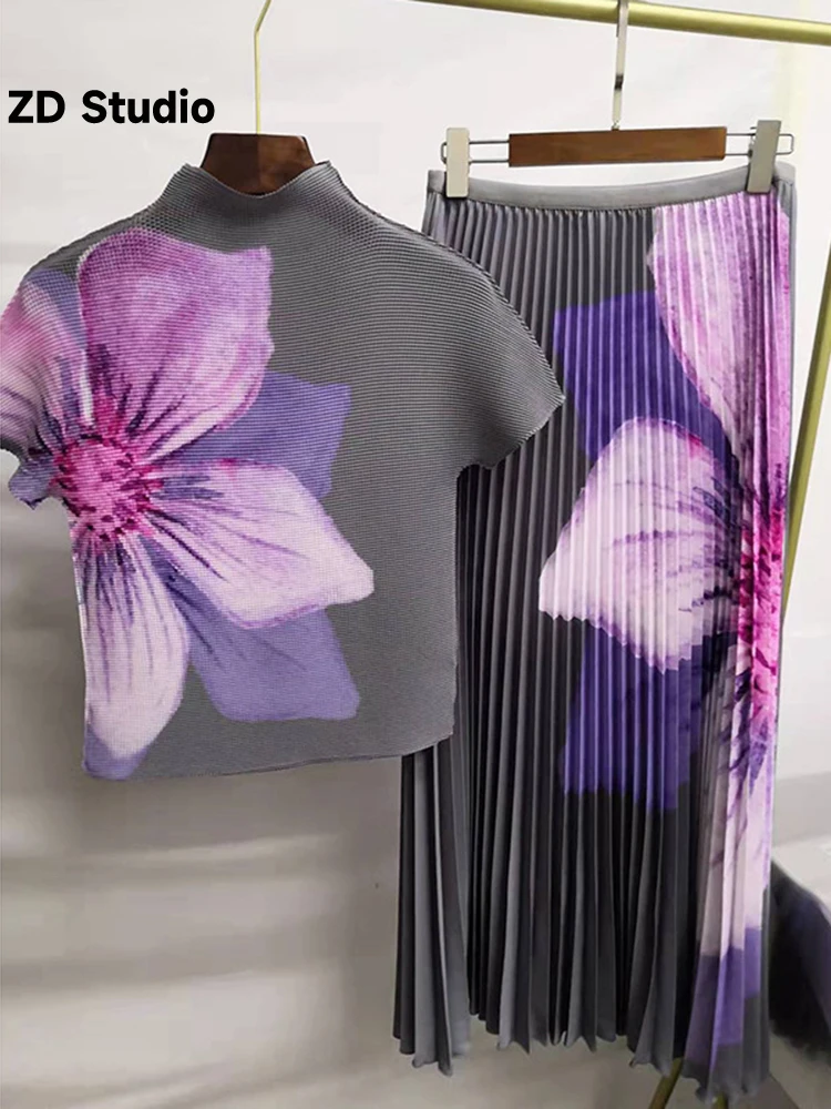 

[ZD Studio] Pleated 2 Pieces Set For Women Round Neck Short Sleeves Tops High Waist Fold Skirts 2023 Summer New