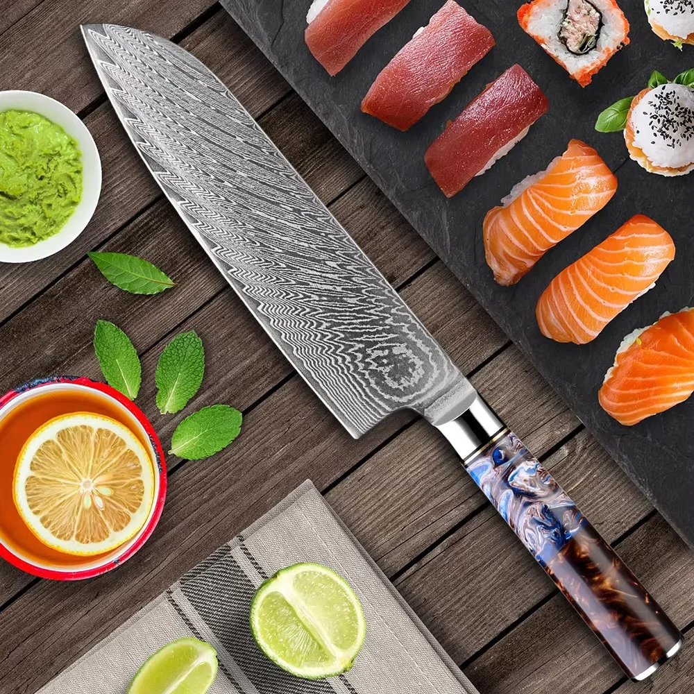 Японский дамасская сталь 7-дюймовый нож Santoku Острый кухонный для нарезки Sea Blue