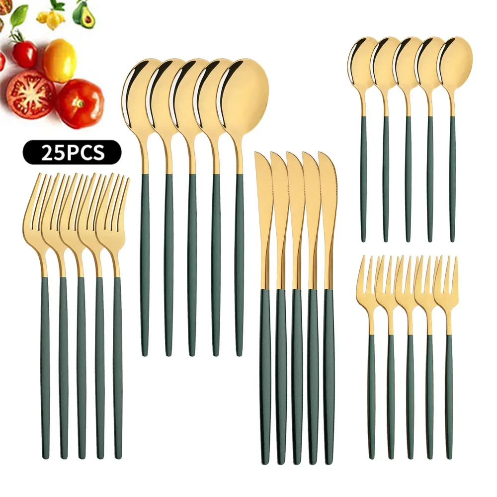Набор столовых приборов зеленого и золотого цвета из нержавеющей стали 25 шт.