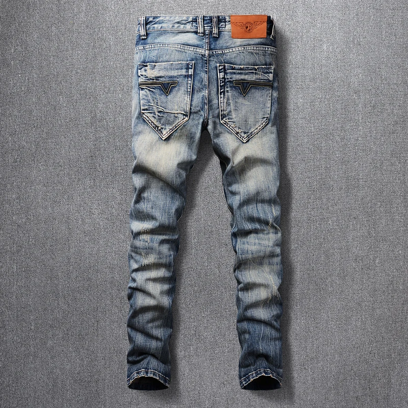 Fashion Designer Men Jeans Retro Washed Blue Slim Fit Ripped Jeans Men Embroidery Patched Trousers Vintage Denim Pants Hombre